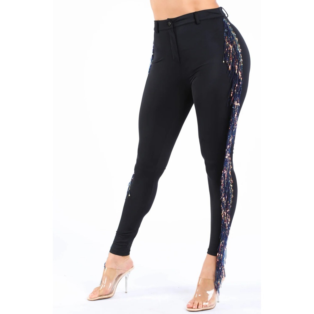 K Too‎ Black Shingle Sequin Side Fringe Pants Stretch Dance Sexy Sz L (30) x 30"